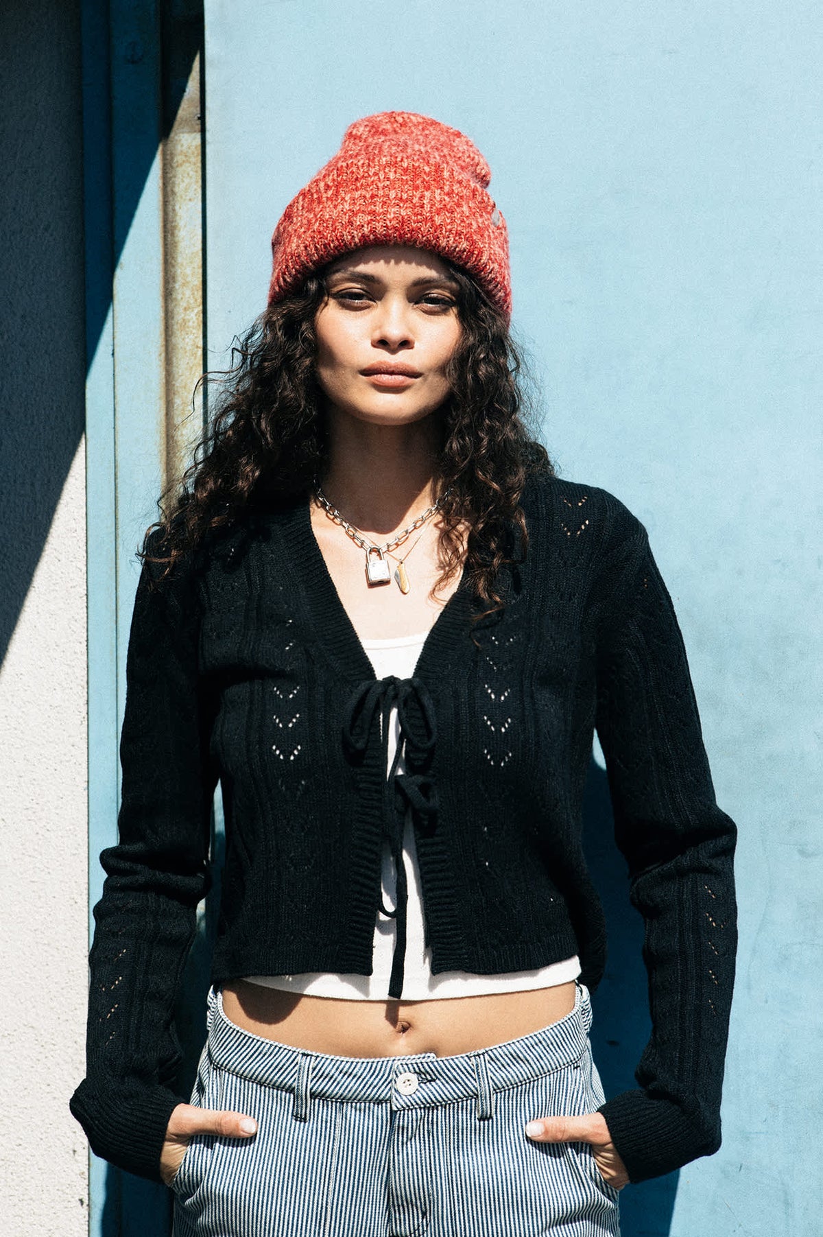 Cropped Pointelle Tie Cardigan - Black