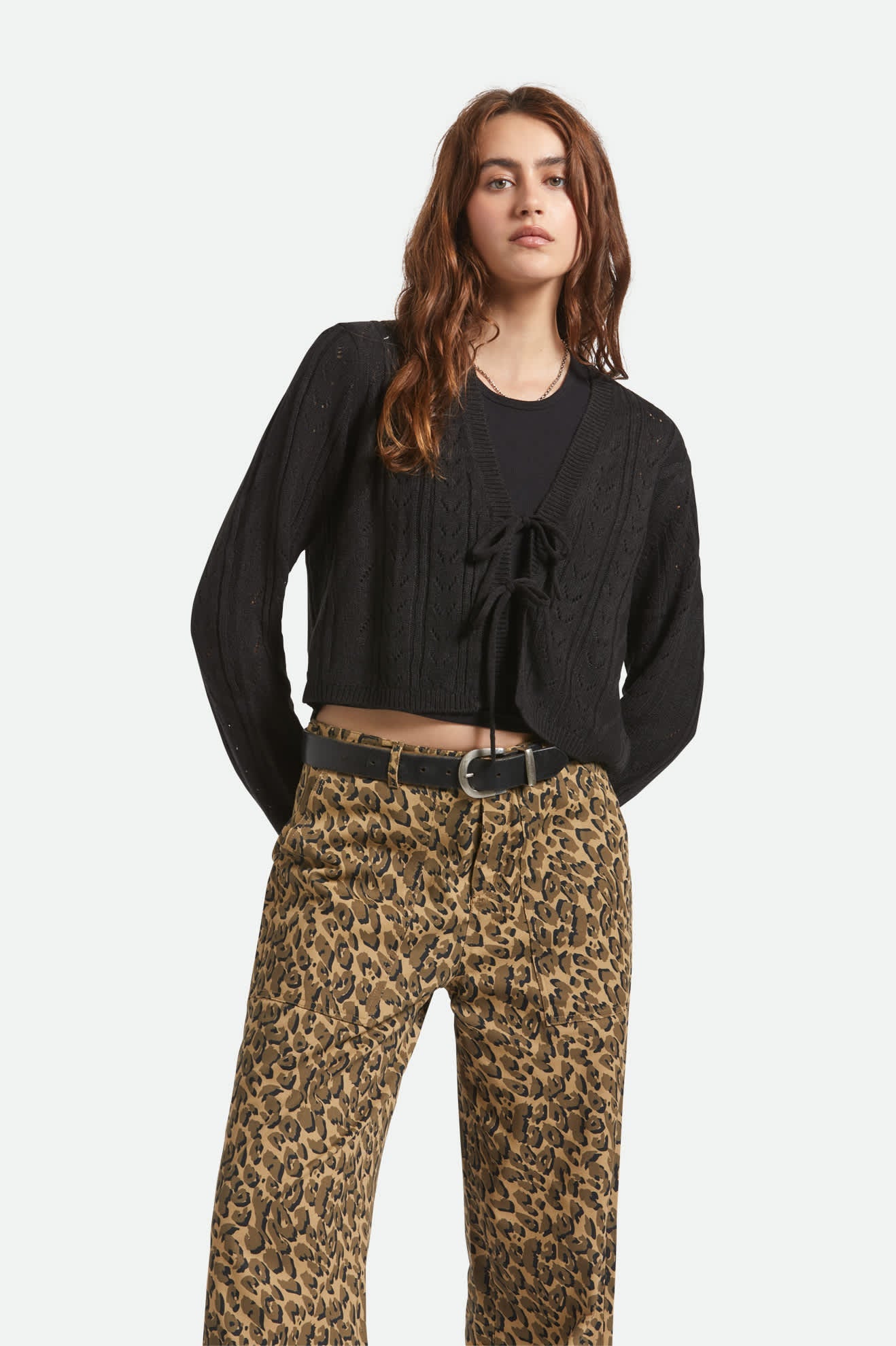 Cropped Pointelle Tie Cardigan - Black