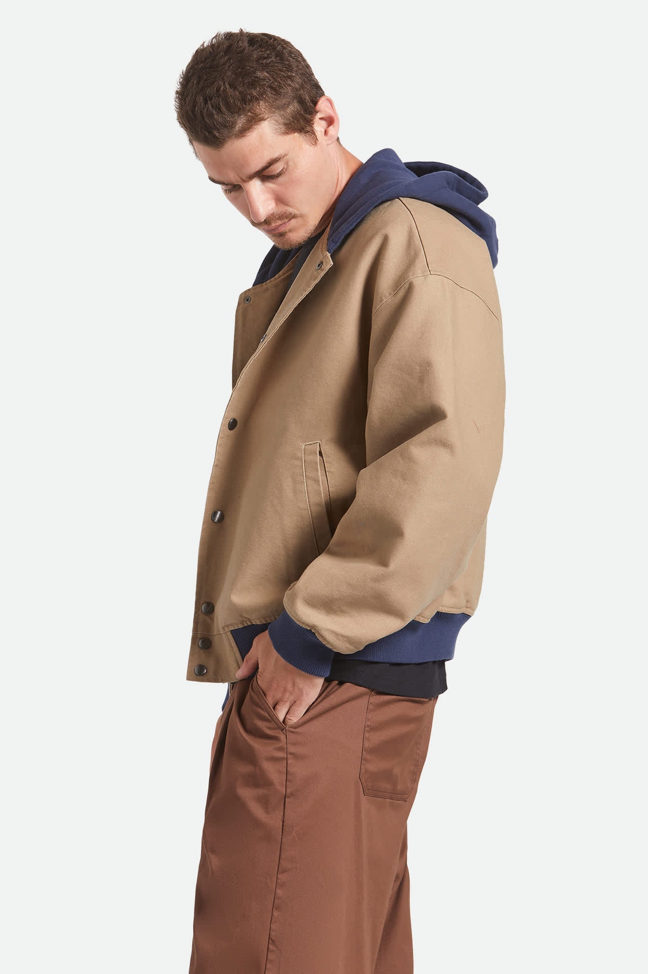 Canvas Hooded Bomber Jacket - Khaki/Mood Indigo