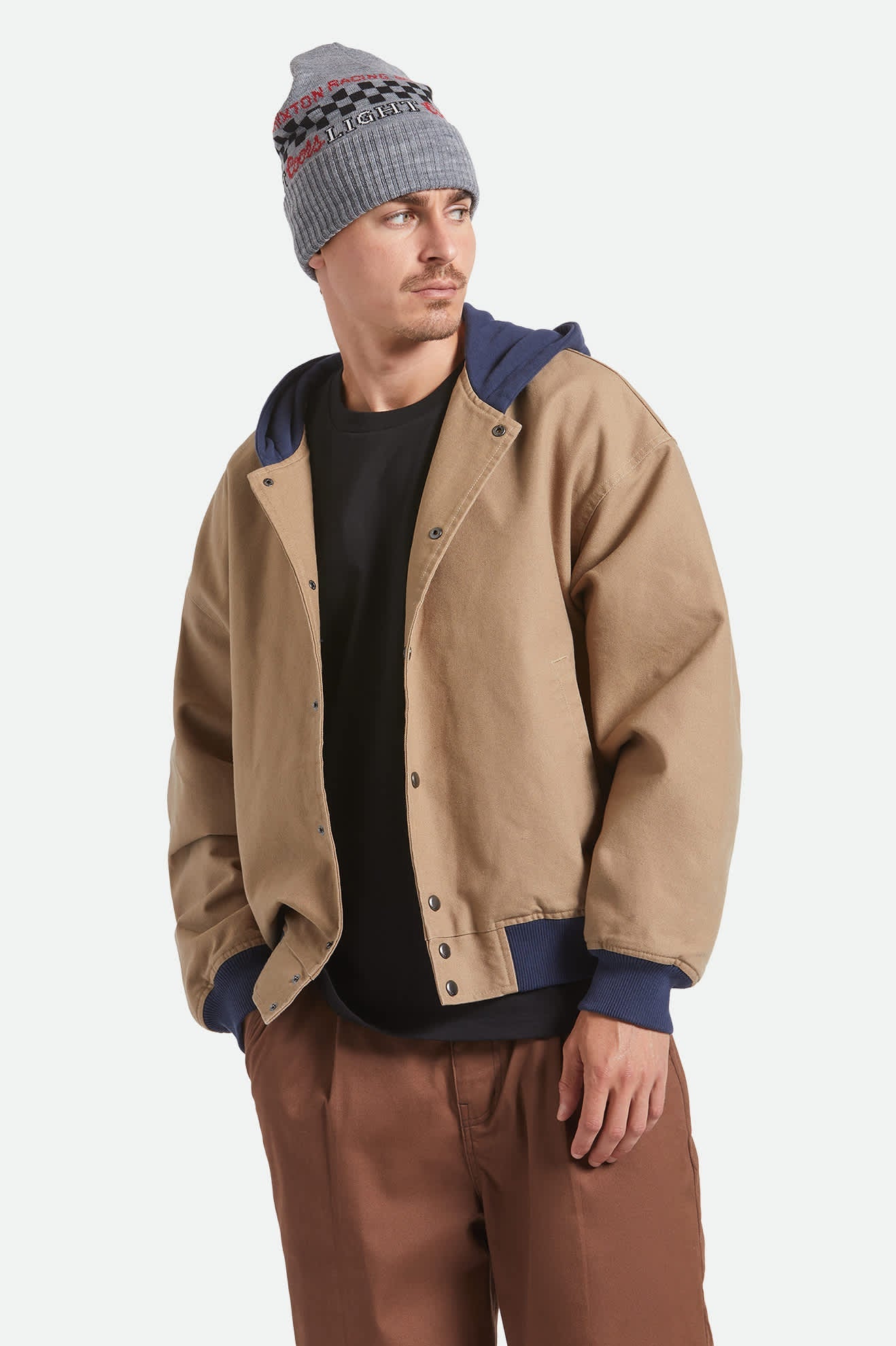Canvas Hooded Bomber Jacket - Khaki/Mood Indigo