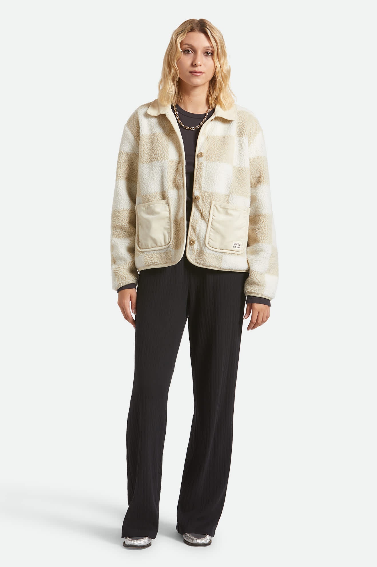 Delilah Sherpa Jacket - White/Natural Finish Line Checker
