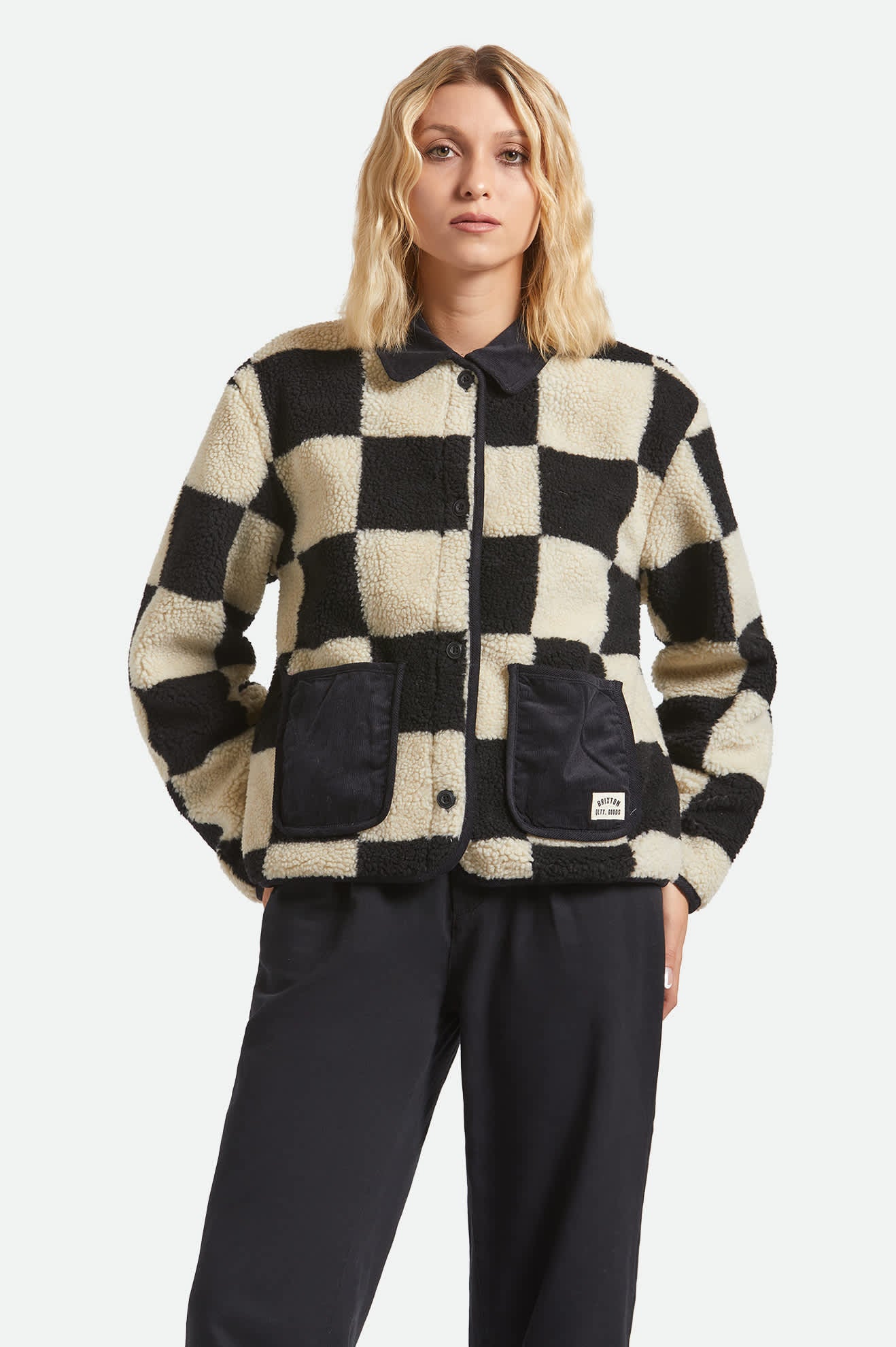 Delilah Sherpa Jacket - Black/Natural Finish Line Checker